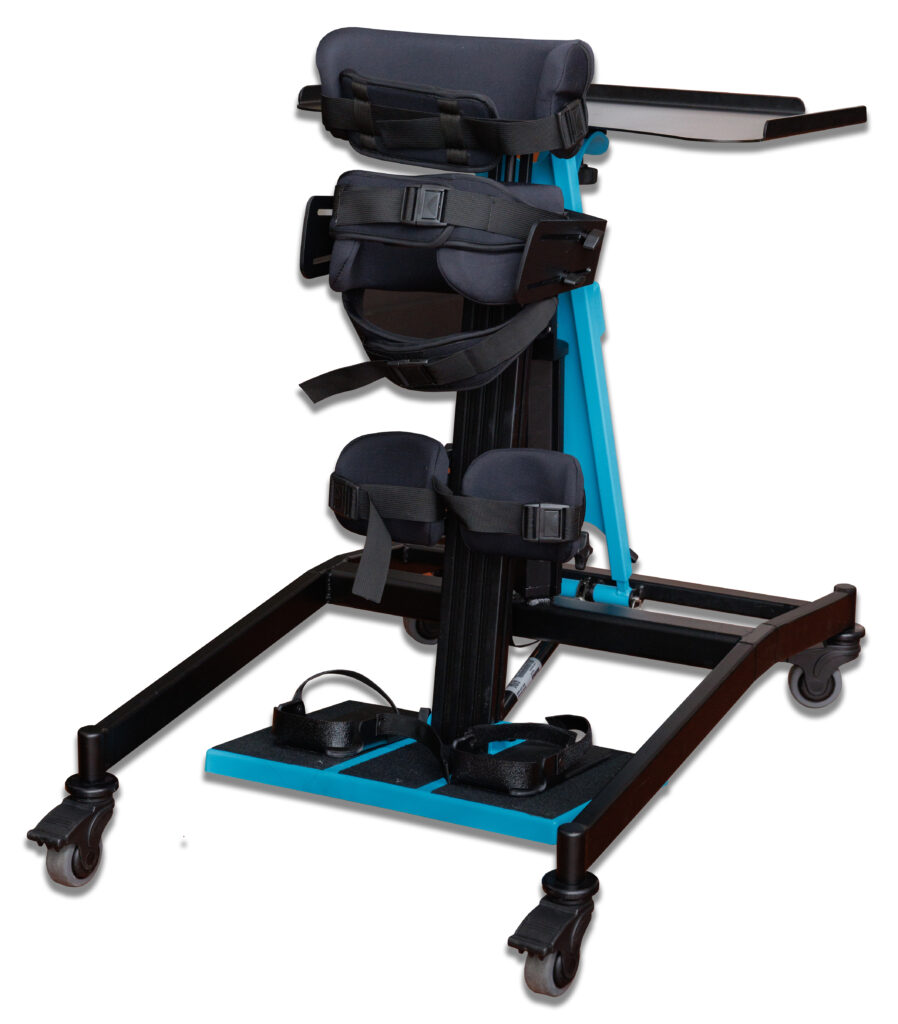 A side view of a blue Vertiflex Sky Standing Frame with the tray pointing to the back.