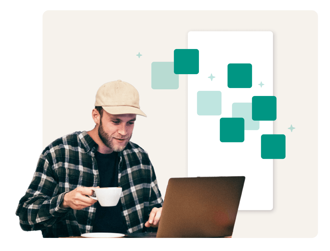 Man with coffee working on laptop